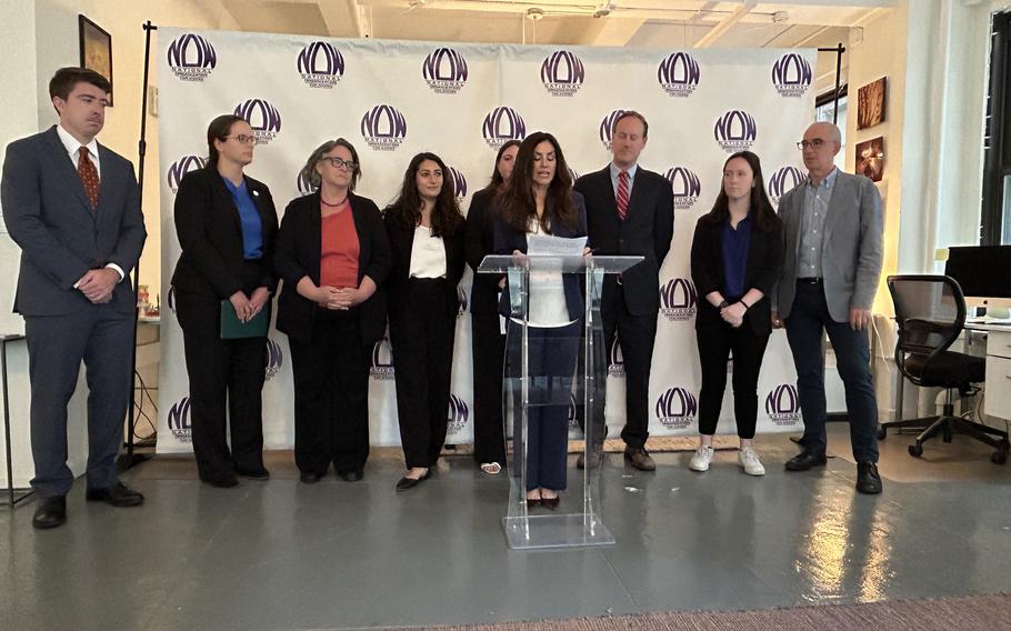 Sonia Ossorio, president of the New York City chapter of the National Organization for Women, announces federal lawsuits against the Pentagon and Department of Veterans Affairs during a news conference in New York on Wednesday, Aug. 2, 2023.