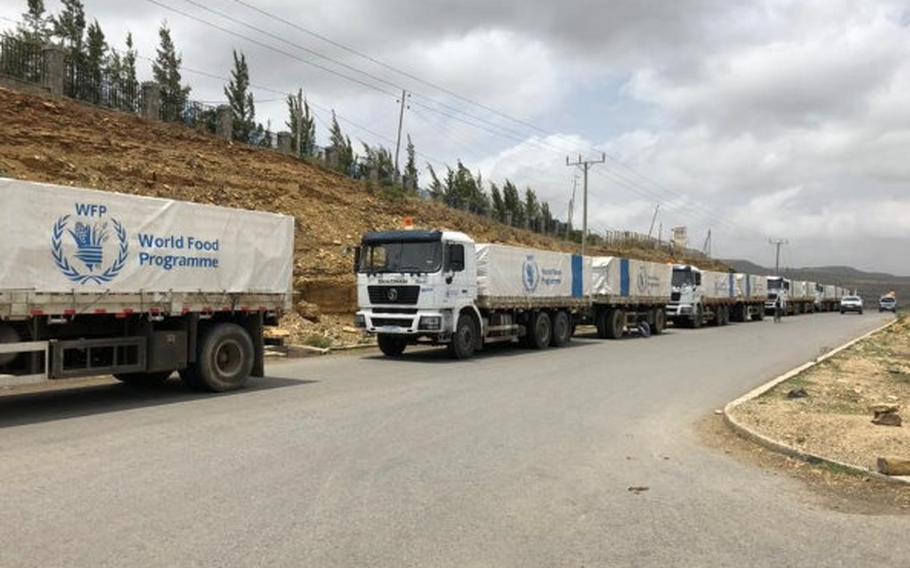 A United Nations World Food Program convoy of 50 trucks arrives in the Tigrayan capital of Mekelle in July 2021. The WFP announced on Friday, April 1, 2022, that a convoy of trucks with food reached the Tigray region for the first time since December.