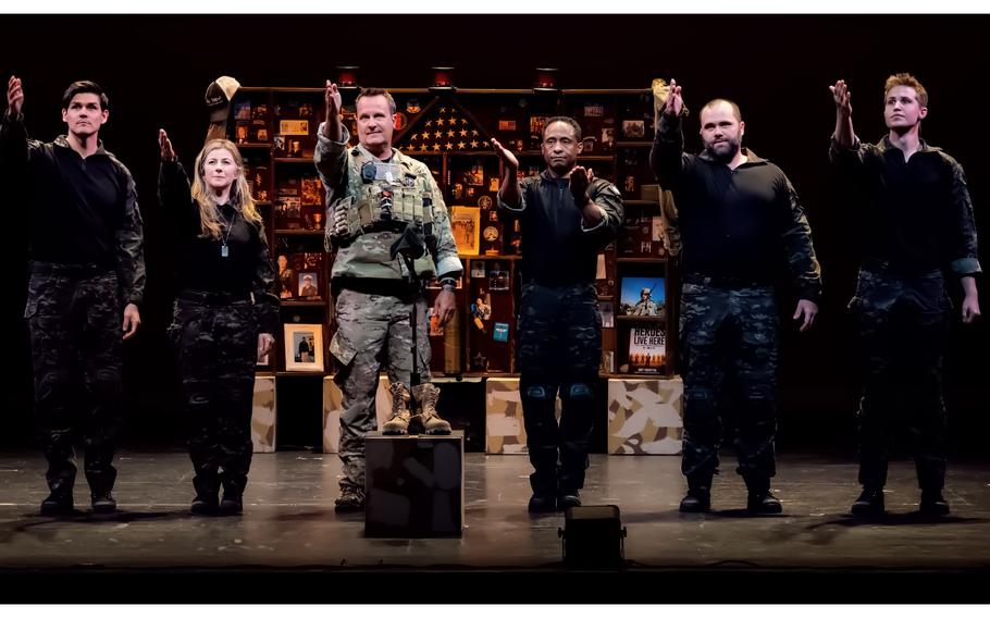 The cast of “Last Out: Elegy of a Green Beret,” from left, Bryan Bachman, Heather Corrigan, Scott Mann, Lenny Bruce, Chris Vetzel and Cooper Mann, onstage at a performance of the play in San Diego in May 2023. The play, written by former Green Beret Scott Mann, tells the story of a Green Beret who is trapped between his family obligations and his mission in Afghanistan as he struggles to ascend to the mythical warrior afterlife of Valhalla after getting hit with a roadside bomb.