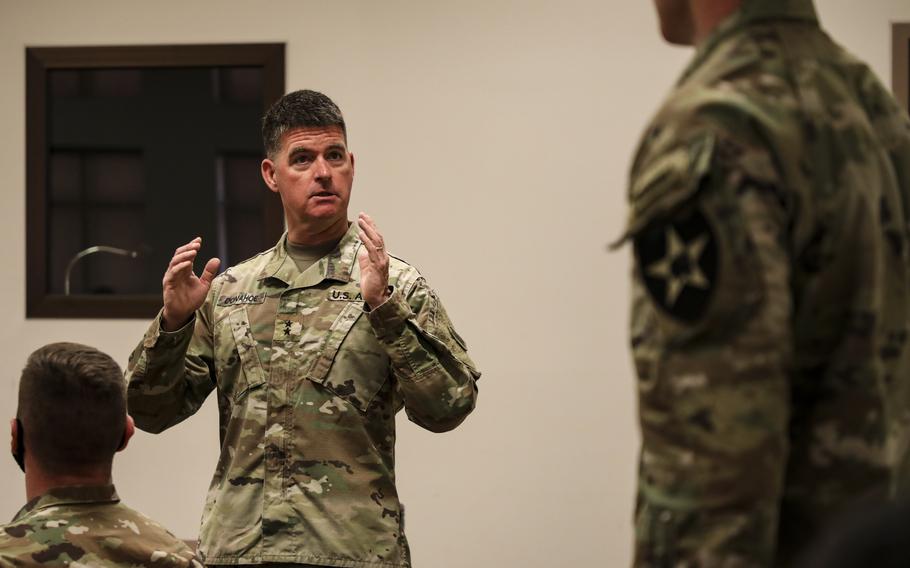 Maj. Gen. Patrick Donahoe speaks to soldiers at Camp Humphreys, South Korea, in May 30, 2020. Donahoe received criticism in a recent Inspector General report for comments he made on behalf of female service members on Twitter.