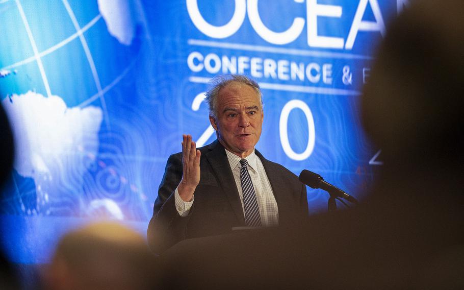 U.S. Senator Tim Kaine speaks at the Oceans Conference and Exposition 2022 at the Virginia Beach Convention Center in Virginia Beach, Virginia on Oct. 18, 2022.