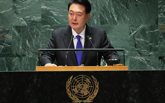 South Korean President Yoon Suk Yeol speaks during the United Nations General Assembly at the United Nations headquarters on Sept. 20, 2023, in New York City. (Michael M. Santiago/Getty Images/TNS)