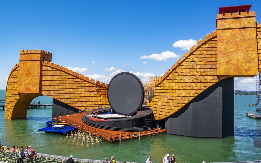 Stagehands prepare the floating stage on Lake Constance for a performance of Giacomo Puccini’s Turandot during a past  Bregenz Festival. This year’s festival will produce Puccini’s Madama Butterfly.