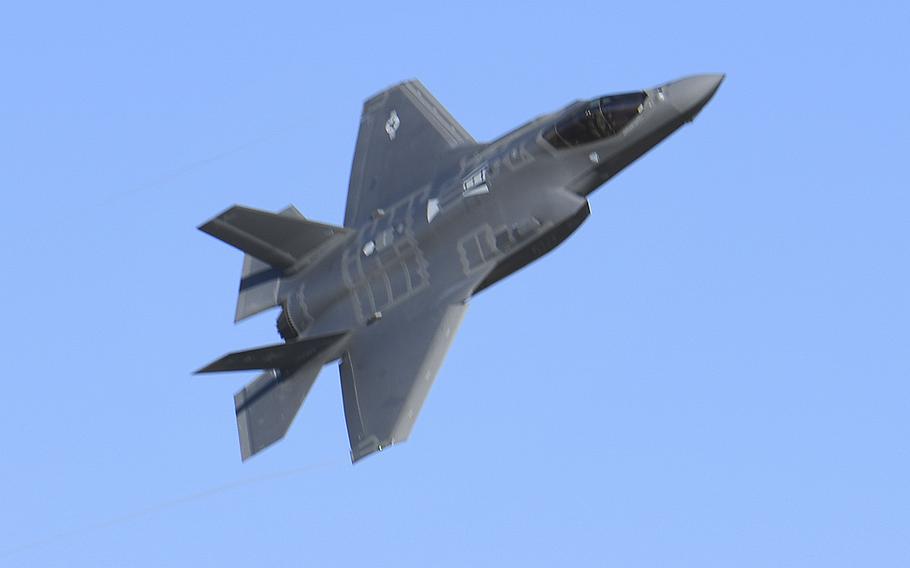 An F-35 Lightning II performs aerial maneuvers during a combat power exercise at Hill Air Force Base Nov. 19, 2018.