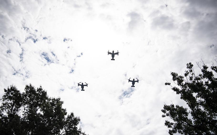 Three V-22 Osprey aircraft flew overhead at the funeral service for Marine Corps Maj. Gen. Harry Pickett at Arlington National Cemetery, Arlington, Va., July 19, 2023.