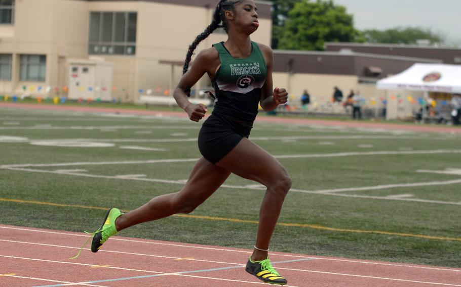 Kubasaki freshman Naiaja Sizemore, the northwest Pacific record holder in the 100, swept both the 100 and 200 in the Far East meet.