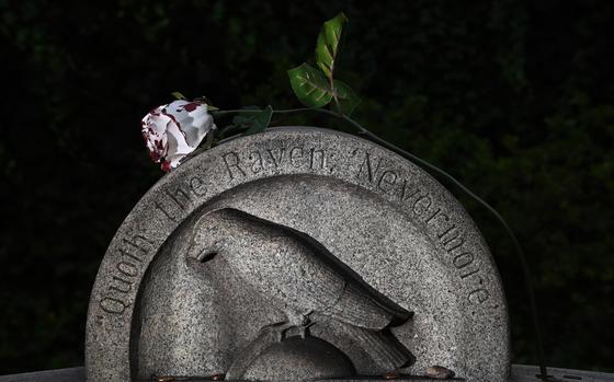 A headstone at Edgar Allan Poe's original gravesite at Westminster Presbyterian Church and Cemetery in Baltimore, where he died in 1849. Poe's body was moved to another site at the entrance to the cemetery. MUST CREDIT: Washington Post photo by Matt McClain.