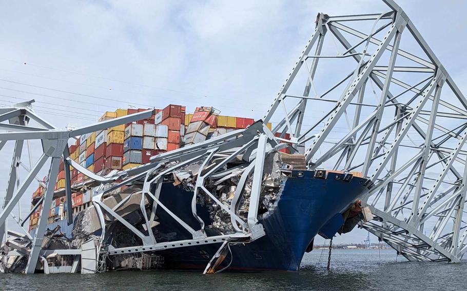 The damage resulting from the collapse of the Francis Scott Key Bridge in Baltimore as observed from the deck of the U.S. Army Corps of Engineers' hydrographic survey vessel Catlett on March 26, 2024. The short-term impact of the accident on military transportation, including the transfer of household goods and privately owned vehicles, is expected to be minimal, U.S. Transportation Command said Friday.