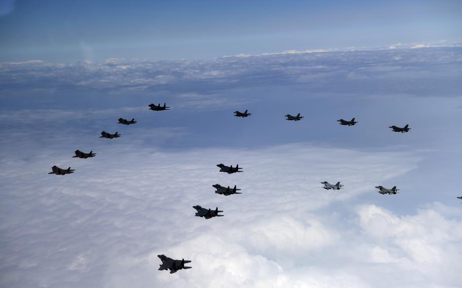In response to North Korea's recent ballistic missile launches, U.S. and South Korean aircraft fly in formation over the Yellow Sea, Tuesday, June 7, 2022.