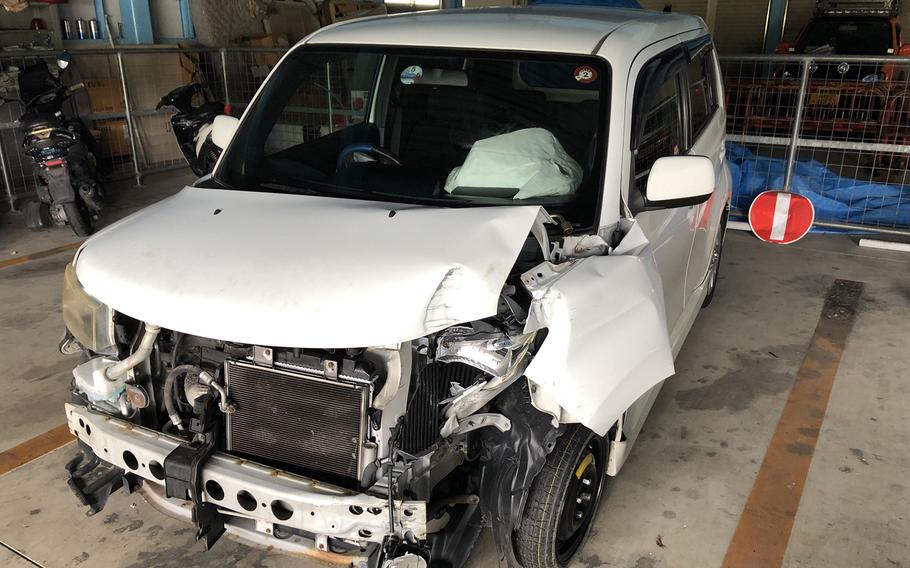 A Toyota bB belonging to Air Force Staff Sgt. Noelia Silva of Kadena Air base, Okinawa, is impounded at a police lot in Okinawa city, Tuesday, June 20, 2023.