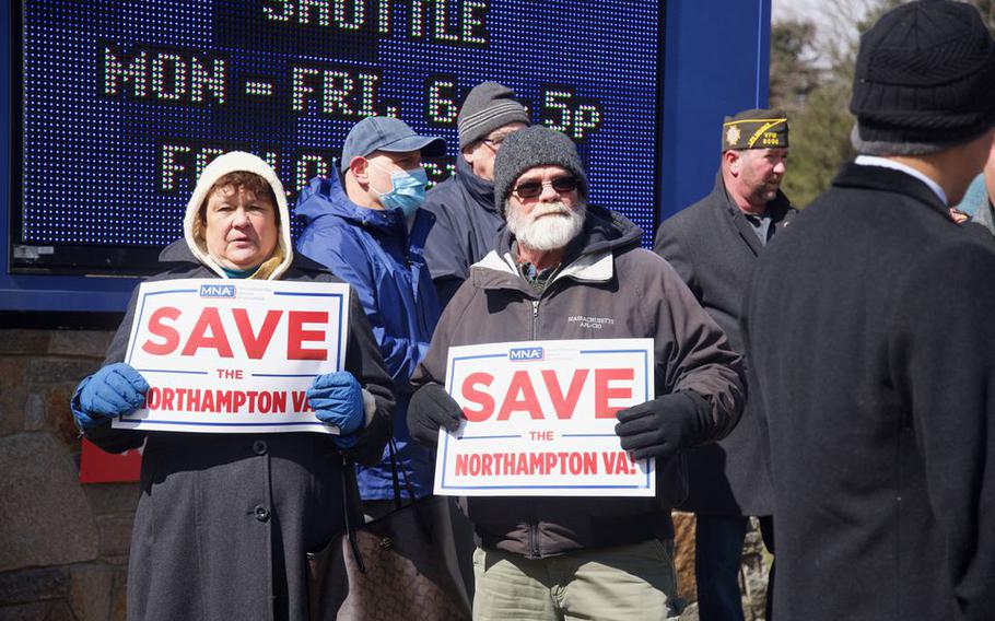 Dozens of elected officials, veterans and nurses turned out to protest the potential closure of a Veterans Affairs hospital in Northampton, Mass., on March 28, 2022.