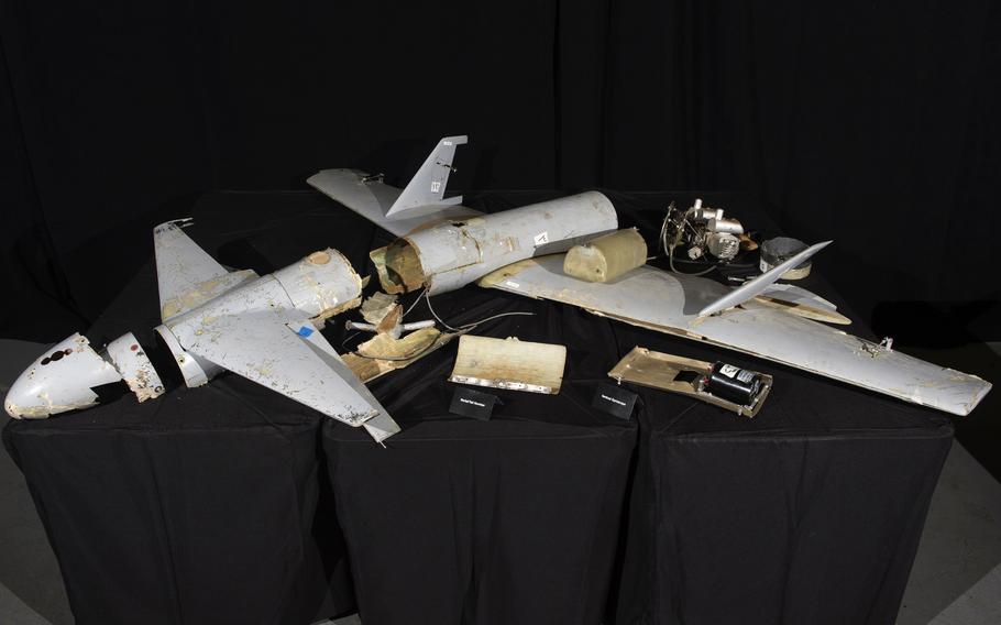 A display shows Iranian unmanned aerial vehicle components at Joint Base Anacostia-Bolling in Washington, D.C., May 2, 2018. The U.S. recently sanctioned companies that the Treasury department says supplied Iranian drones to Russia.