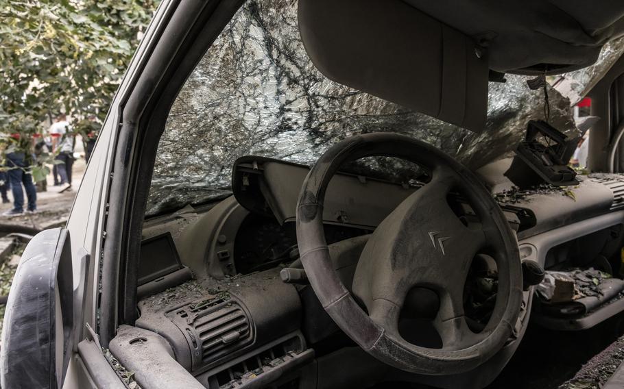 The inside of a car that was destroyed by a missile strike.