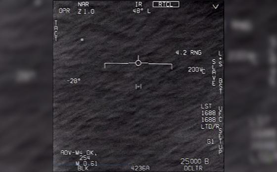 A still image from video recorded by a U.S. Navy aircraft shows a UFO ...
