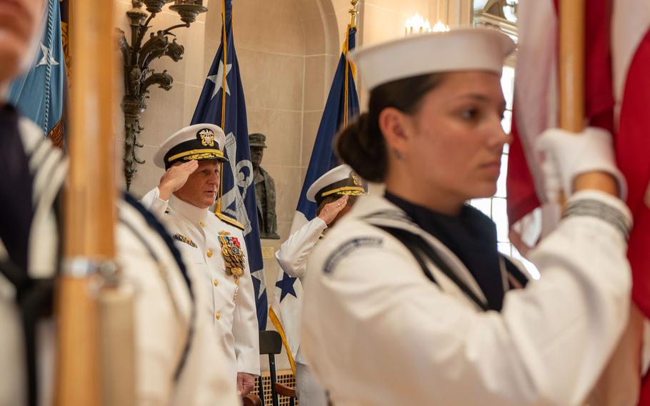 Chief of Naval Operations Adm. Mike Gilday salutes the colors during a relinquishment of office ceremony Aug. 14, 2023, at the U.S. Naval Academy in Annapolis, Md. Gilday concluded his four-year tenure as the Navy’s top military leader.