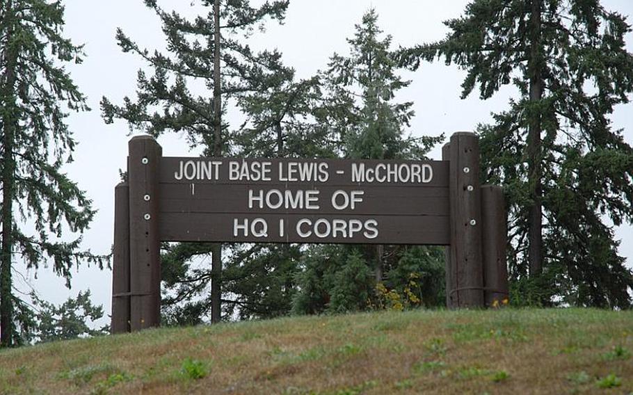 The front gate at Joint Base Lewis-McChord, Wash., where Pfc. Jahcorrie Nealy, 22, was sentenced on Thursday, April 13, 2023 in the death of a young girl in May 2022.