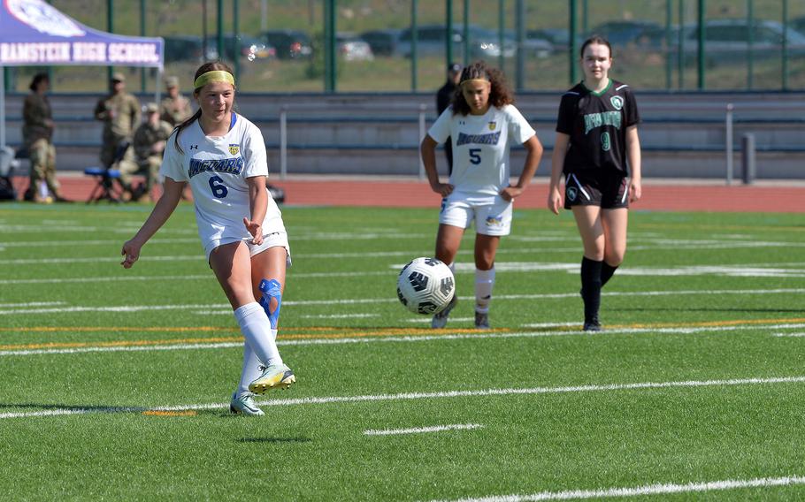 Sigonella’s Katelyn Holman converts a hand penalty in the Jaguars’ 4-2 loss against AFNORTH in the Division III girls final at the DODEA-Europe soccer championships in Ramstein, Germany, May 22, 2025.