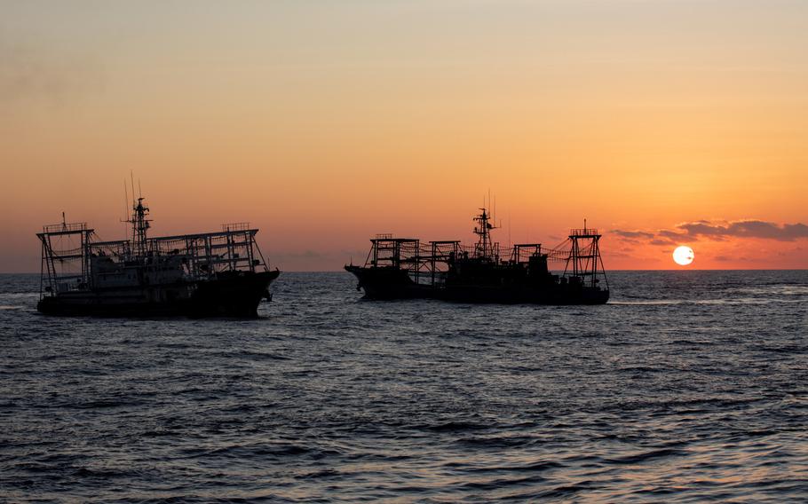 Chinese maritime militia vessels are pictured near the Second Thomas Shoal in the South China Sea, March 5, 2024.