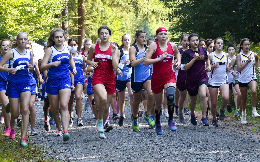 Runners take off at the beginning of a high school girls cross country race Sept. 18, 2021, in Kaiserslautern, Germany. It is a bye week for DODEA-Europe sports, before the teams return to action heading towards the championships at the end of October.