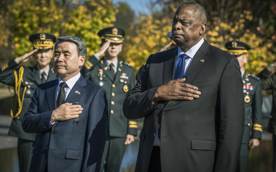 Secretary of Defense Lloyd Austin and South Korean National Defense Minister Lee Jong-sup visit the Korean War Veterans Memorial in Washington, D.C., Nov. 3, 2022. 