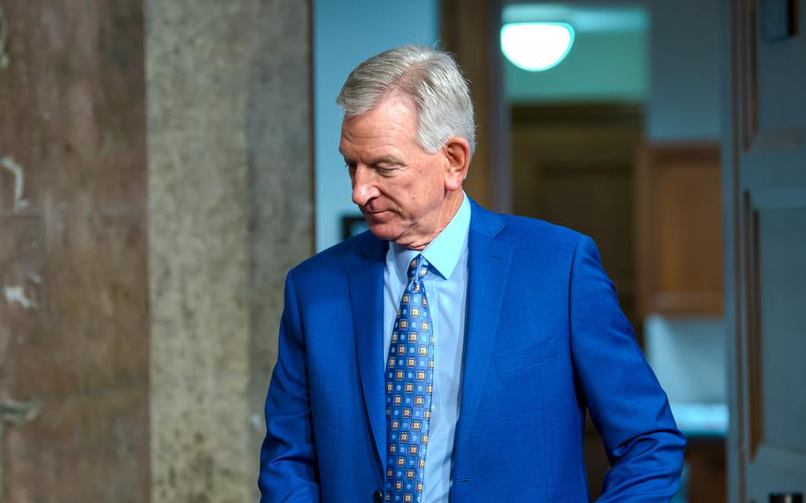 Sen. Tommy Tuberville, R-Ala., arrives Thursday, Sept. 14, 2023, for a Senate Armed Services Committee hearing on Capitol Hill in Washington.