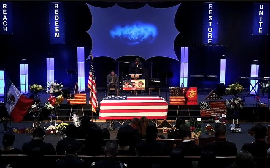 The funeral ceremony for Marine Corps Cpl. Humberto Sanchez at Life Gate Church in Logansport, Ind., is shown in this video capture taken on Tuesday, Sept. 14, 2021.