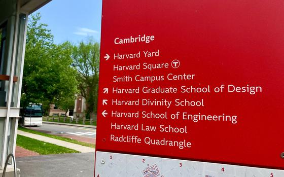 A sign on the Harvard University campus directs visitors to various buildings.