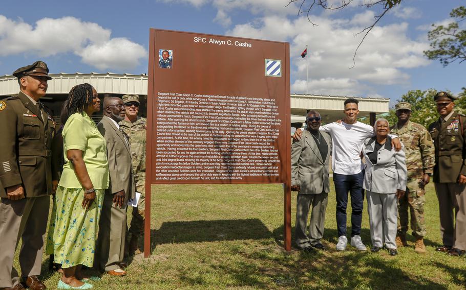 The 3rd Infantry Division dedicates the Sgt. 1st Class Alwyn C. Cashe Garden, to honor the Silver Star Medal recipient for his acts of gallantry, at Fort Stewart, Ga., on Thursday, May 20, 2021. Members of the Cashe family joined the 3rd ID command team for the ceremony and unveiling of the Cashe Garden sign.