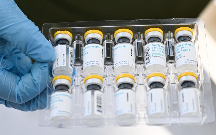 Vials of the JYNNEOS Monkeypox vaccine are prepared at a pop-up vaccination clinic in Los Angeles, California, on Aug. 9, 2022. 