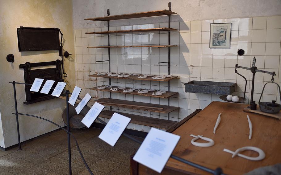 A rack, table oven and other pretzel-making implements.