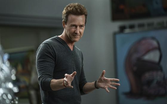 Edward Norton in a scene from "Glass Onion: A Knives Out Mystery." Norton portrays Miles Bron, an eccentric tech billionaire who brings his wealthy friends to a private island in Greece to take part in a game to solve his murder. 