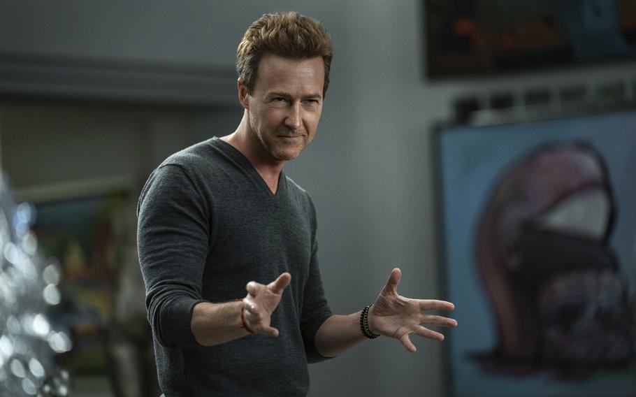 Edward Norton in a scene from “Glass Onion: A Knives Out Mystery.” Norton portrays Miles Bron, an eccentric tech billionaire who brings his wealthy friends to a private island in Greece to take part in a game to solve his murder.