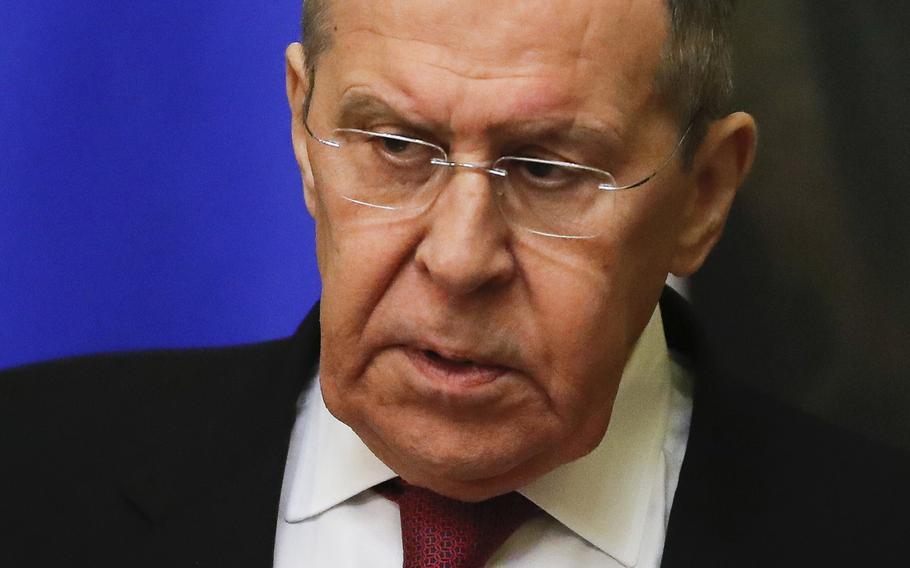 Russian Foreign Minister Sergey Lavrov holds a joint news conference with his Lebanese counterpart Abdallah Bou Habib in Moscow, Russia, Monday, Nov. 22, 2021.
