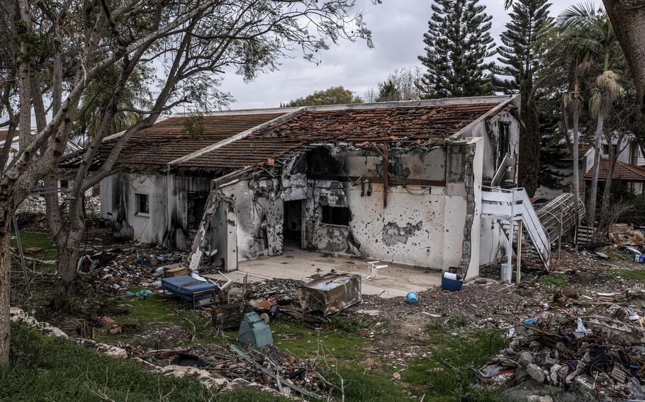 A battle-scarred home in Kibbutz Be’eri, an Israeli communal farm on the Gaza border, on Jan. 11, 2024. Hamas held more than a dozen hostages in the home when it overran southern Israel on Oct. 7. 