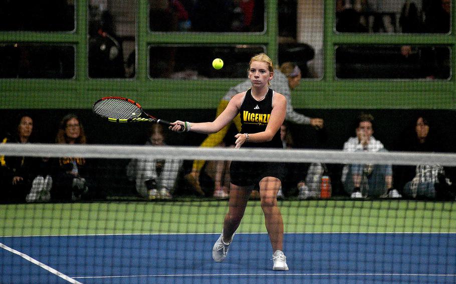 Vicenza's Addie Wilson hits the ball as she and teammate Annika Svenson face off against Stuttgart's Gracey Basgall and Allison Hayes in pool-play action of the DODEA European tennis championships on Oct. 19, 2023, at T2 Sports Health Club in Wiesbaden, Germany.