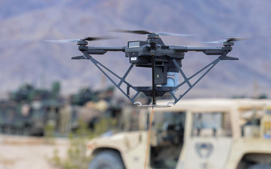 A prototype drone known as the Enhanced Ground Reconnaissance Initiative, is tested by 2nd Armored Brigade Combat Team, 3rd Infantry Division soldiers at Fort Irwin, Calif.’s National Training Center during a rotation in late February. The drones were tethered to Bradley Fighting Vehicles to provide cavalry scouts overhead visibility during the training rotation.