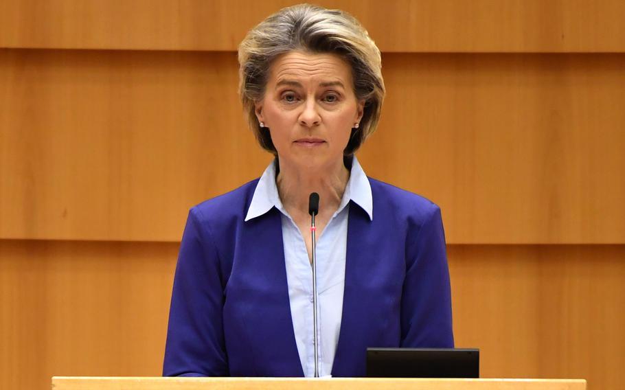 Ursula von der Leyen, European Commission president, speaks in the European Parliament in Brussels on Feb. 10, 2021. The European Parliament voted Thursday to stop legislative work related to Qatar and called for barring the country’s representatives from the legislature after the Gulf state was tied to a corruption scandal where police seized more than €1.5 million ($1.6 million) in cash.