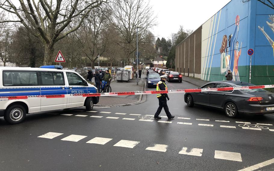 Traffic is diverted along Burgstrasse in downtown Kaiserslautern following the discovery of an approximately 550-pound World War II bomb during excavation work, Feb. 17, 2023.