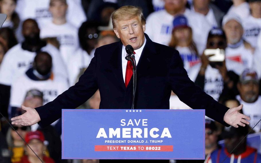 Former President Donald Trump speaks at a rally, Saturday, Jan. 29, 2022, in Conroe, Texas. 