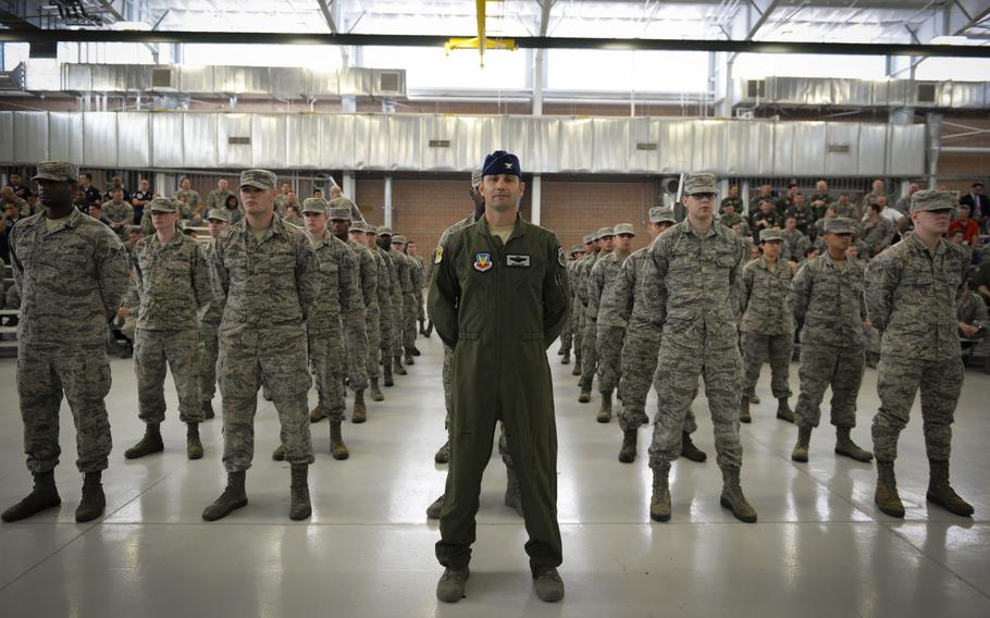Col. Erick Gilbert, 57th Wing vice commander, stands with the formation during the 57th WG change of command ceremony at Nellis Air Force Base, Nevada.