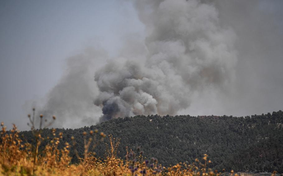 Smoke rises after border attacks from Lebanon amid ongoing cross-border hostilities between Hezbollah and Israeli forces on June 13, 2024. 
