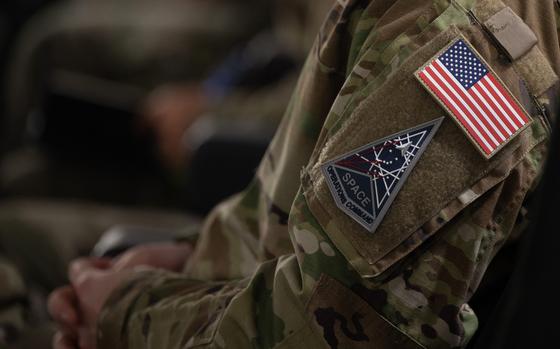 A Space Force guardian participates in a town hall meeting Jan. 23, 2023, at Ramstein Air Base in Germany. The service's newest component is set to stand up at Ramstein in December and will serve both U.S. European Command and Africa Command.