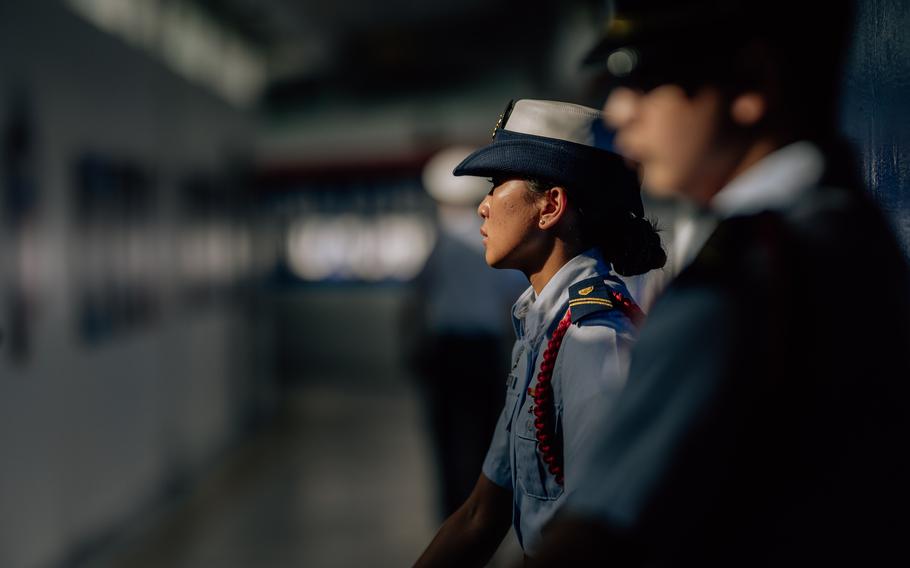 Cadre members of the Coast Guard Academy class of 2026 await reporting swabs, New London, July 1st 2024. Yesterday marked the official start of the Coast Guard Academy Cadet program for the class of 2028, a 200 week journey towards a commission as an officer. 