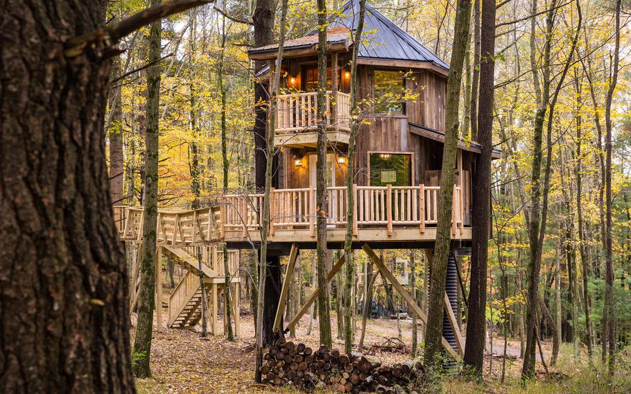 This undated photo provided by The Mohicans Treehouse Resort and Wedding Venue shows one of the nine treehouses at The Mohicans Treehouse Resort and Wedding Venue in Glenmont, Ohio. 
