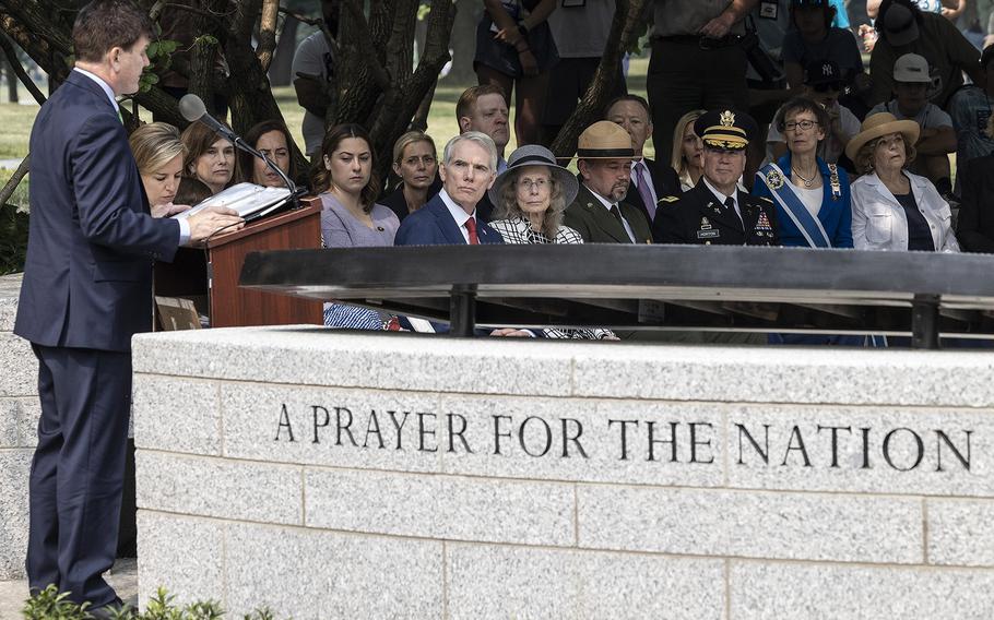 Elliott Roosevelt III, great-grandson of President Franklin D. Roosevelt, speaks during a ceremony dedicating the new FDR prayer plaque at the National World War II Memorial in Washington, D.C., on the 79th anniversary of the start of the D-Day invasion, Tuesday, June 6, 2023.