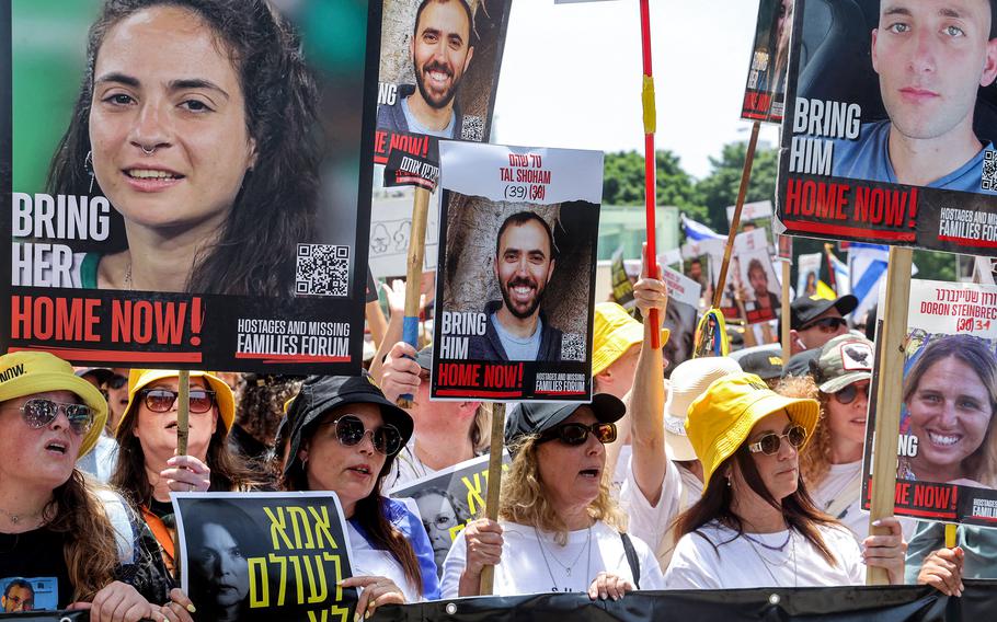 Demonstrators march during a protest by the mothers and relatives of Israelis held hostage by Palestinian militants in Gaza since the Oct. 7, 2023, attacks, calling for efforts to save the hostages, in Tel Aviv on July 5, 2024, amid the ongoing conflict in the Gaza Strip between Israel and Hamas. 