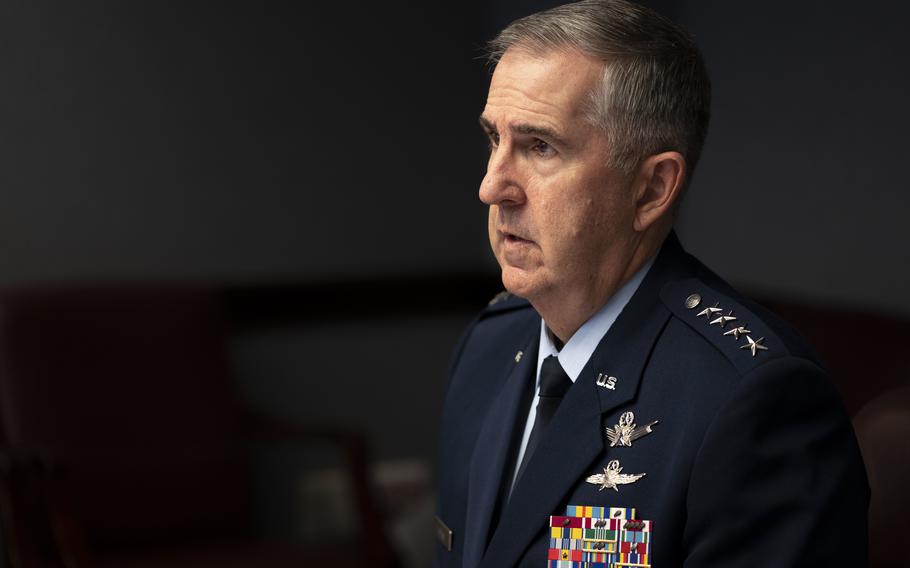 Then-Air Force Gen. John Hyten, who served as vice chairman of the Joint Chiefs of Staff, speaks in January 2021 during a National Security Space Association event at the Pentagon.