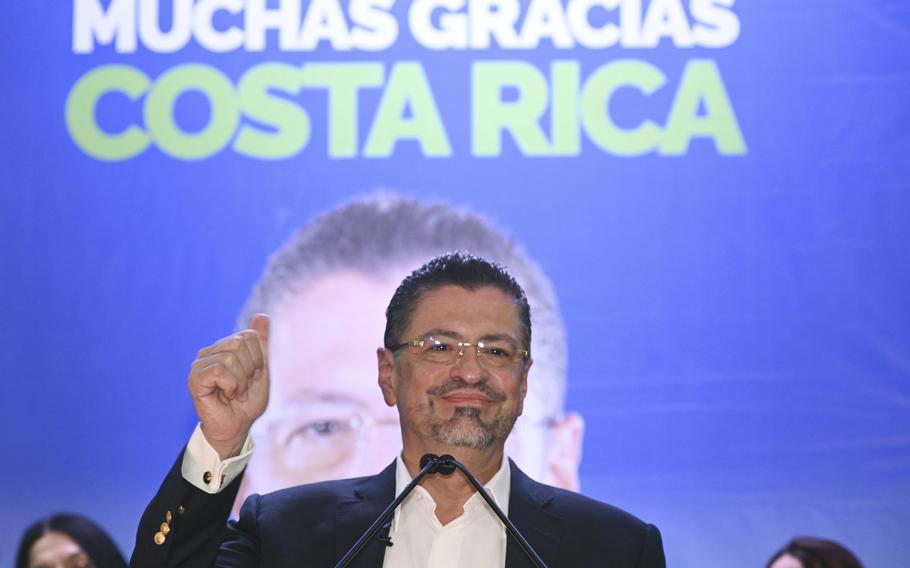 Costa Rica’s former finance minister Rodrigo Chaves speaks to supporters at his headquarters in San Jose, Costa Rica, after winning a presidential runoff election, Sunday, April 3, 2022. Chaves has begun a four-year term as Costa Rica’s new president on Sunday, May 8, taking office with a lengthy list of reproaches for his predecessor and the country’s political class while promising great change.