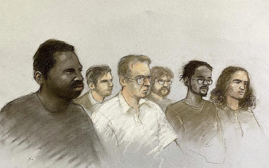 A courtroom sketch of six people.
