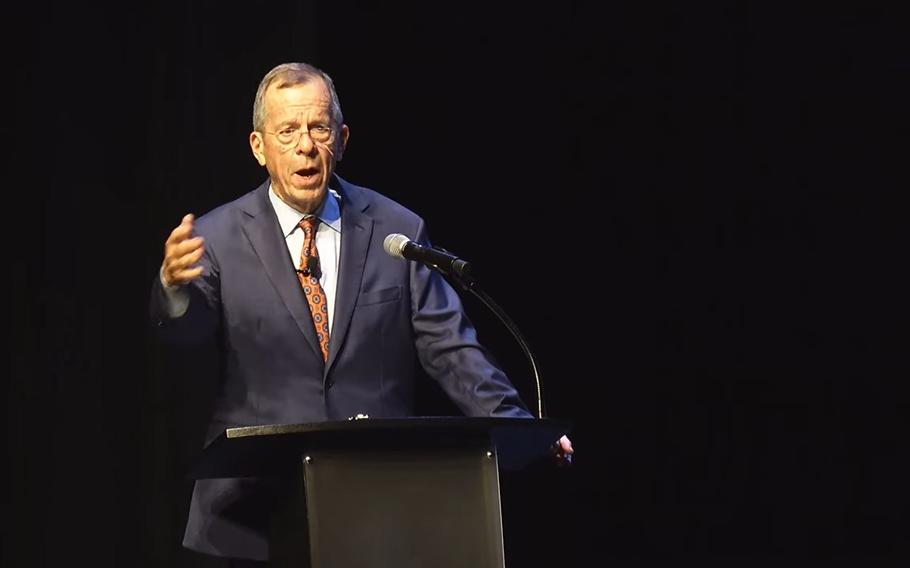 In this screenshot from YouTube, retired Navy Adm. Michael Mullen, former chairman of the Joint Chiefs of Staff, speaks during the NewDay USA Center of Leadership Speaker Series at Georgia Military College on Thursday, May 2, 2024.